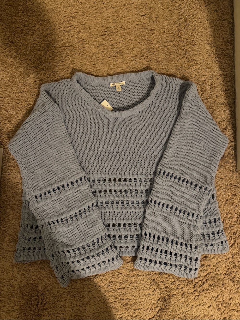 Versona Light Blue Open-Knit Bell Sleeve Sweater